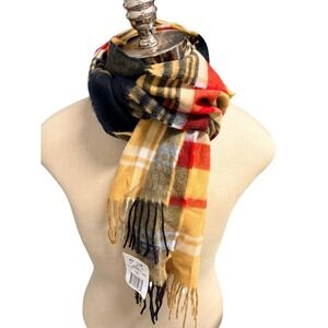 D&Y Scarf Softer Than Cashmere Brown Red Plaid Scarf Fringe Super Soft Acrylic